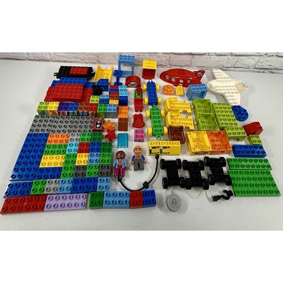 Lego Other - Lego Duplo Lot Of 111 Bricks Minifigs People Airplane Cars Train Clean Bananas